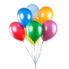 A vibrant bunch of colorful balloons tied together with ribbons against a black background for celebration