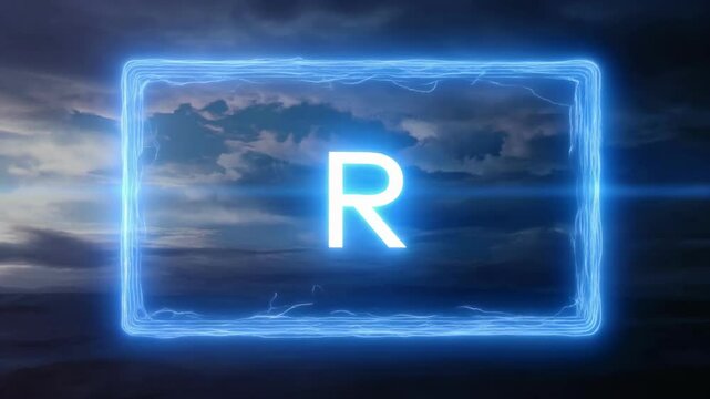 Illuminated letter R framed by glowing blue light against a dramatic cloudy sky background