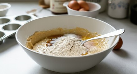 Mixing ingredients for baking in a bowl on a kitchen counter