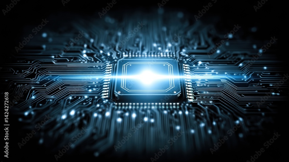 Poster a close-up view of a computer chip surrounded by intricate circuitry, illuminated by a bright blue l