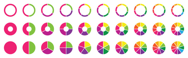 Circle pie chart diagram. Set of pie charts diagrams. Pie chart divided 2, 3, 4, 5, 6,7, 8, 9, 10, 11, 12. equal parts. Circle section graph. Different color circles. Colorful diagram graphs. Vector