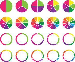 Pie chart set, segmented circle icons, circle diagram. Pie chart divided 2,3,4,5,67,8,9,10,11 equal parts. Infographic wheel segment or sections parts. Vector, Eps 10