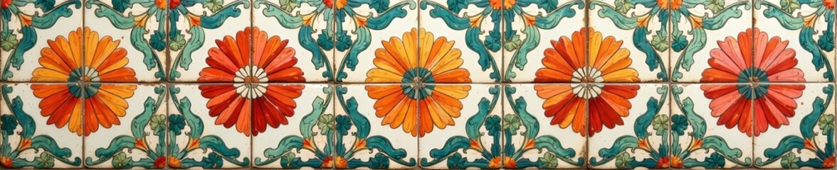 Vintage hand-painted ceramic tiles with geometric floral motifs, Portuguese, ornate, old
