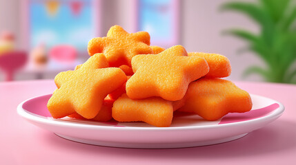 Chicken nuggets shaped like stars on a colorful kids plate, blurred pastel dining room in the background, cheerful and playful tones, bright lighting