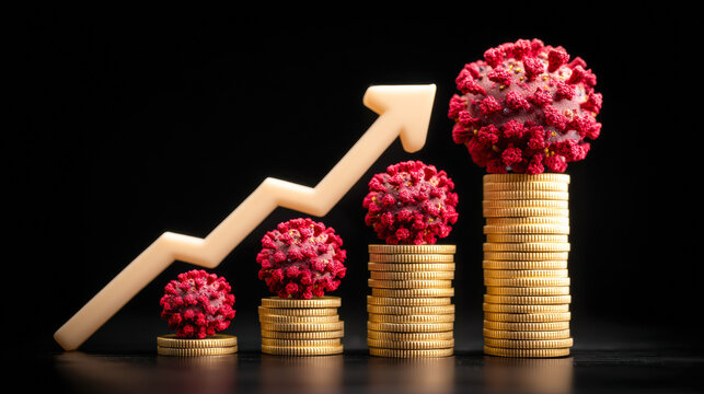 The image depicts a rising graph alongside stacks of coins and coronavirus representations, symbolizing the economic impact of the pandemic. - Powered by Adobe