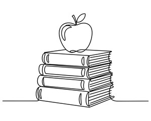 A stack of books topped with an apple, continuous line art illustration, concept of knowledge, education, and academic achievement
