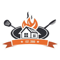 Restaurant Modern Home Cooking Logo with Fire Flame