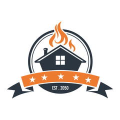 Restaurant House Fire Logo With Stars And Ribbon Design