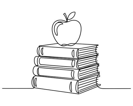 A stack of books topped with an apple, continuous line art illustration, concept of knowledge, education, and academic achievement