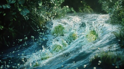 Sparkling stream cascading through lush greenery.