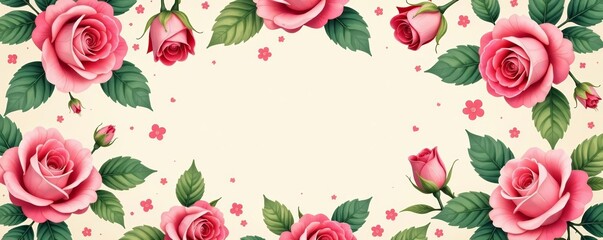 Vintage pink roses and green leaves in repeat design, texture, retro, floral