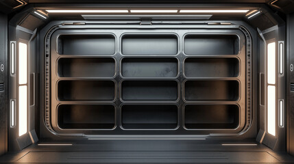 Obraz premium Futuristic empty metal storage wall inside sci fi spaceship corridor with glowing lights and dark industrial design.