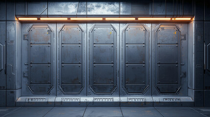 Grungy metallic sci fi wall with industrial panels, weathered textures, and glowing orange light in a futuristic corridor.