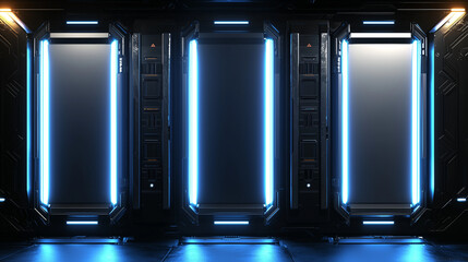 Futuristic sci fi chamber with glowing neon lights and metallic walls in a high tech environment