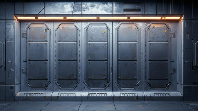 Grungy metallic sci fi wall with industrial panels, weathered textures, and glowing orange light in a futuristic corridor.