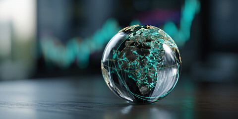 Glass globe with illuminated continents, rests on dark surface, blurred teal graph background, symbolizing global connectivity and data visualization