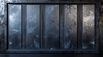 Textured frosted glass panels in dark metallic frame with moody reflections and abstract patterns.