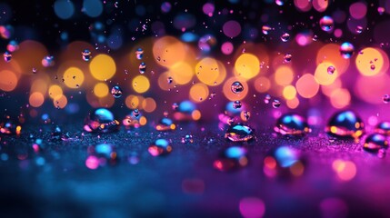 Abstract Water Droplets Reflecting Vibrant Bokeh Lights on Dark Surface