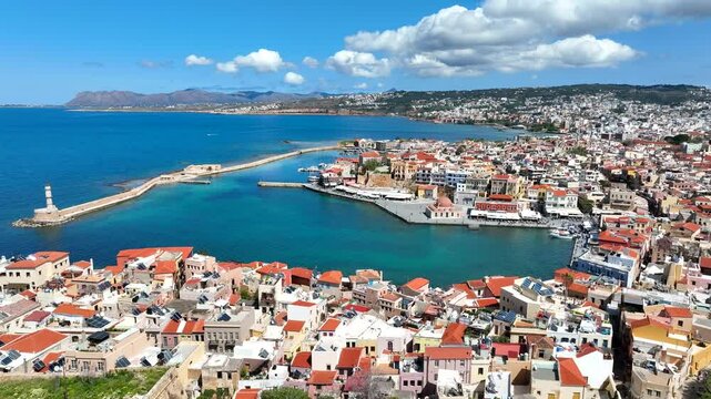 Aerial View Of Chania Old Venetian Port In The Island Of Crete, Greece
