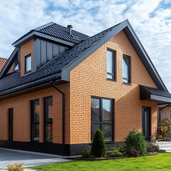 Modern cozy clinker house on the ponds with garage for sale or rent. Clear sunny summer day with blue sky