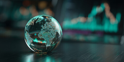Glass globe with illuminated teal world map, set against a blurred background showing a stock market graph, showcasing global connectivity and market trends