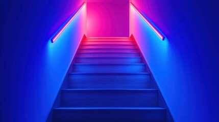 Neon stairwell Blue & pink hues illuminate steps upwards