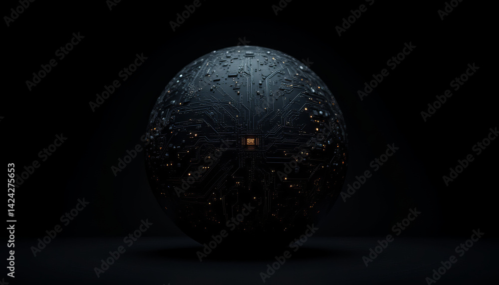 Poster spherical object with intricate circuit patterns and glowing elements, evoking sense
