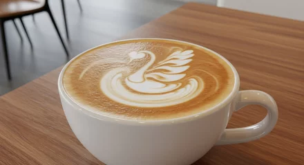 Fototapete Rund A close up of a cup of coffee with a swan design on top sitting on a wooden table surface view © Rafael