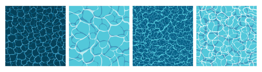 Collection rippled water texture vector background. Water Surface of pool, sea, ocean with ripples and sun glare. Top view. Set summer abstract vector banners