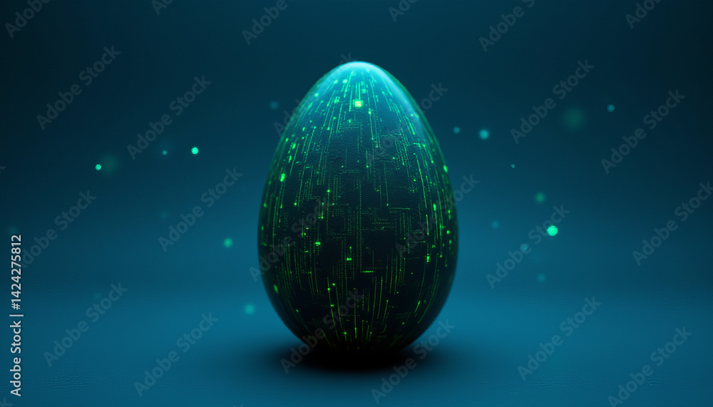 Poster glowing digital egg with circuit patterns, symbolizing technology and innovation