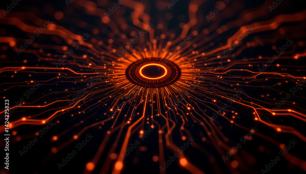 Poster this design encapsulates vibrant network of orange lines and dots, creating dynamic visual
