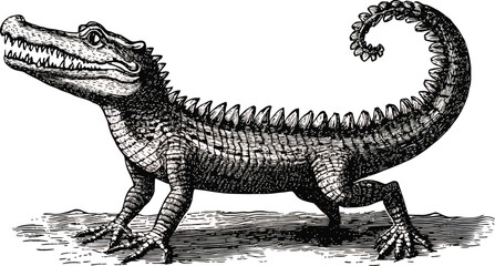 Fototapeta premium A wild, green reptile like a small dragon, the isolated Tyrannosaurus Rex skeleton and dinosaur stand in nature against a white background