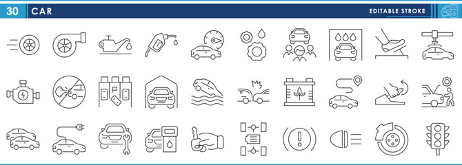 A set of line icons related to Car. Automobile, park, engine, oil, accident, repair, and so on. Vector editable stroke.
