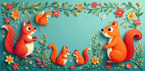 Obraz premium Whimsical squirrel pattern in paper cut style, perfect for crafts and backgrounds, Squirrel, seamless, craft