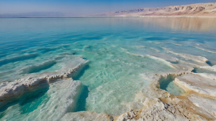 Obraz premium Incredibly beautiful seaside of the dead sea with blue water and white crystals of salt near.selective focus