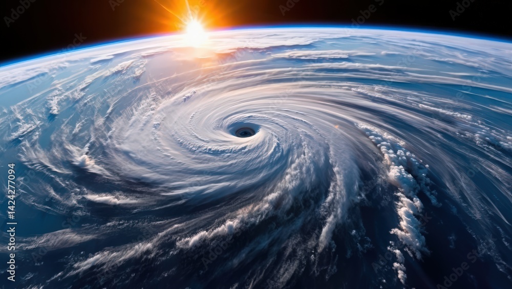Poster a hurricane is depicted in the image, showing its powerful spiral structure as it approaches land.