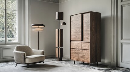 Modern, minimalist living room featuring a wooden cabinet and armchair.