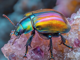 Naklejka premium Vibrant scarab beetle crawling on a luminous gemstone