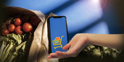Business background. Fast food shopping ideas and smart technology with mobile apps. Grocery Stores, Shopping Online, Digital Groceries, Food Fresh Produce Delivery, Markets