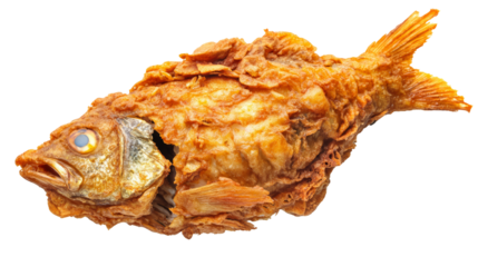 Golden brown whole fried fish with crunchy texture, isolated on white background, showcasing traditional seafood preparation style.