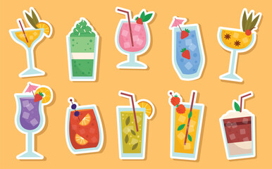 Set of cute summer drink stickers with fruit elements. Smoothies, lemonades, and cocktails in soft pastel tones. Ideal for planners, digital scrapbooking, social media and packaging.