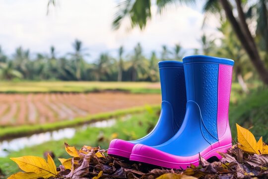 Colorful rubber boots rest on autumn leaves amidst a tropical rice paddy.