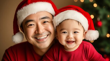 Happy father and baby smiling and wearing santa hats for christmas