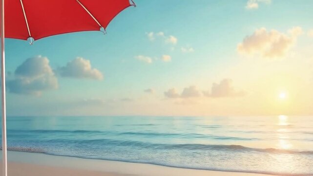 A quiet beach at twilight, with a lone red umbrella gently flapping in the breeze, surrounded by scattered seashells and soft waves under a fading blue sky.
