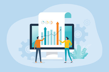 flat vector illustration business data analytics design. people marketing team working. business finance investment concept. graph information document analysis