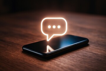 A smartphone on a wooden surface with a glowing chat bubble icon pop up above it, symbolizing messaging and communication.