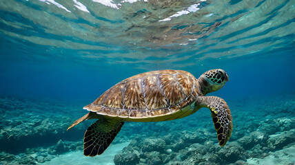 Obraz premium Blue sea turtle swimming undersea