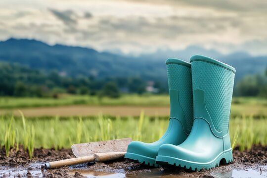 Teal rubber work boots stand in a muddy field. - Powered by Adobe