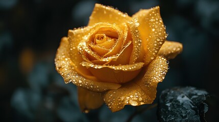 Golden Rose: A Close-Up of Elegant Petals Adorned with Sparkling Dewdrops