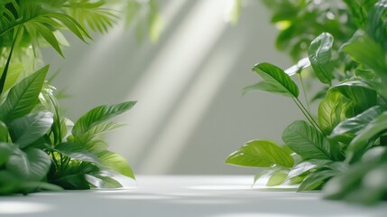 Lush Greenery Minimalist Scene, Soft Natural Light, High Resolution, Wide Angle Shot, Vibrant Leaf Textures, Peaceful Serenity, Studio Setting, Bright Green Tones, Ideal for Wellness Branding